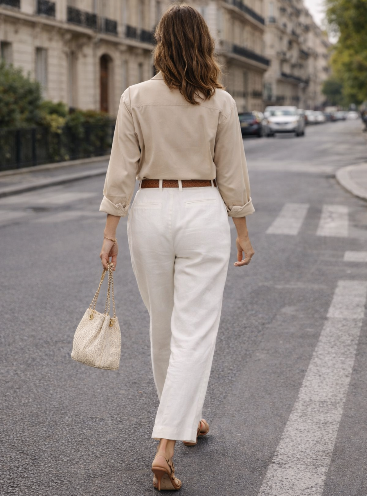 Woman walking on a street wearing a beige shirt and white pants.