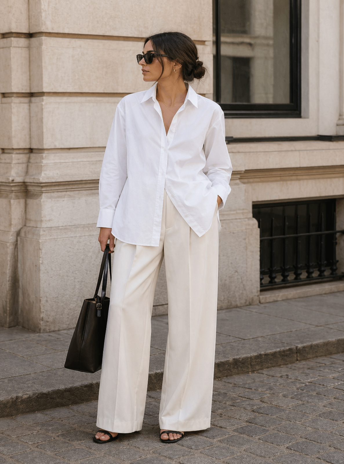 Woman wearing a white shirt and beige pants standing in front of a building.