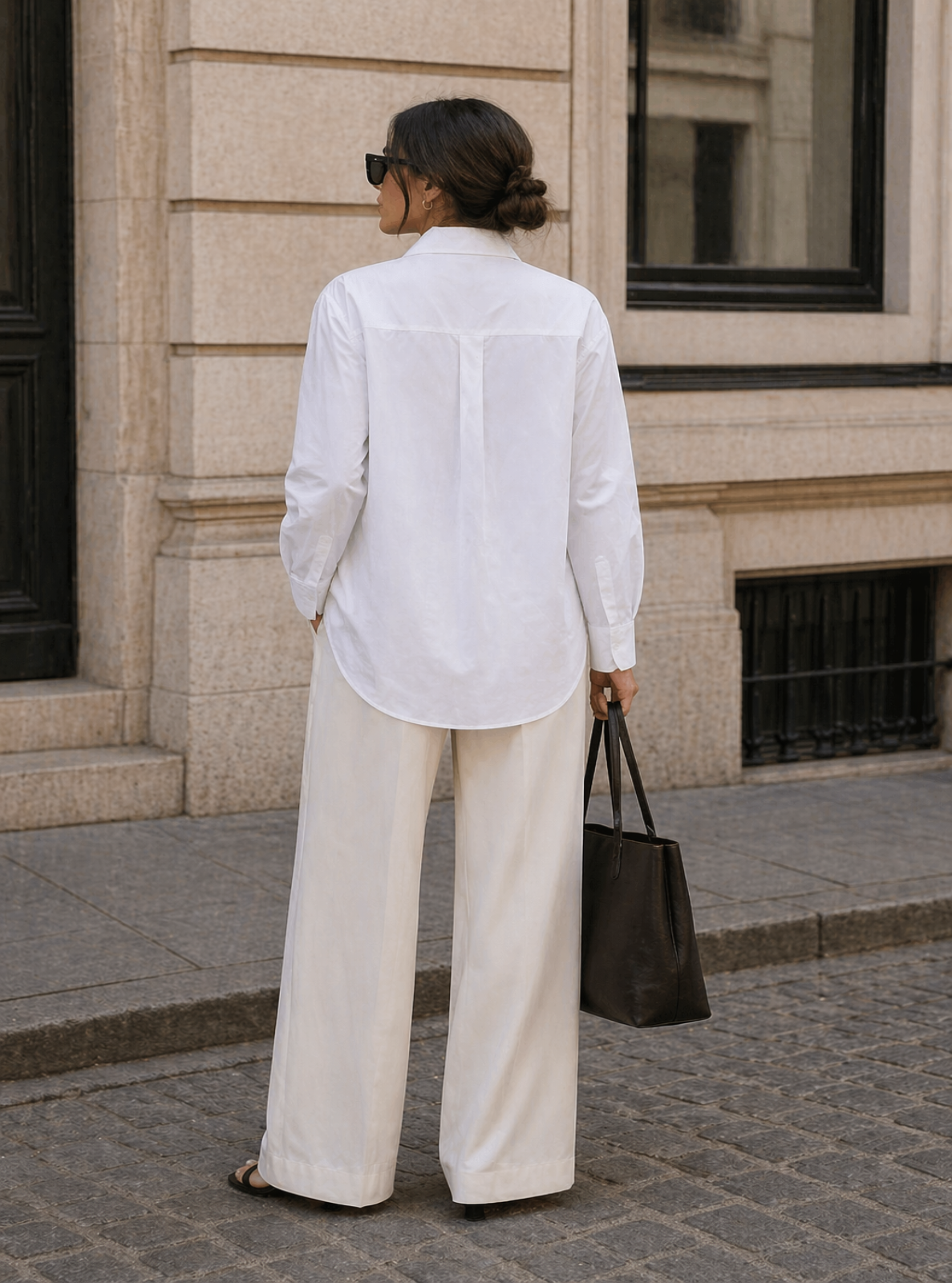 Person wearing a white shirt and beige pants standing on a street.