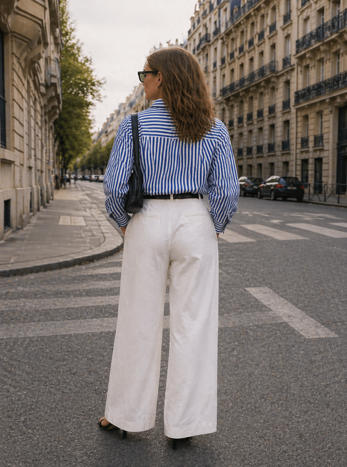 Woman in a blue striped shirt and white pants walking down a city street.