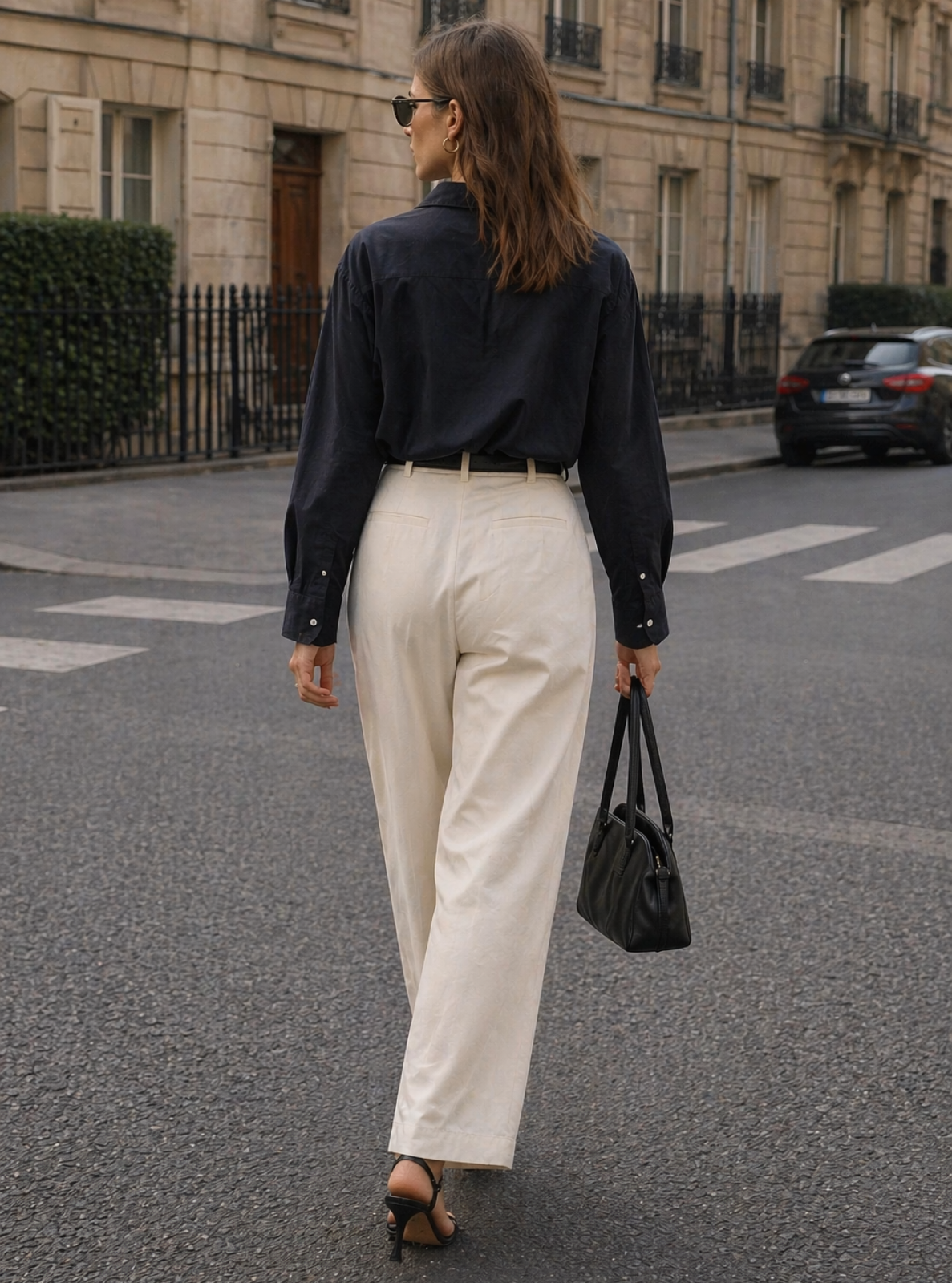 Woman walking on a street wearing a black shirt and white pants with a black handbag.