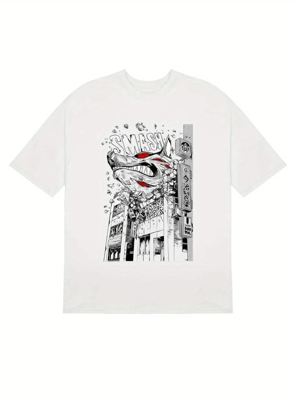 White t-shirt with graphic chainsaw anime design featuring a building and text on a white background
