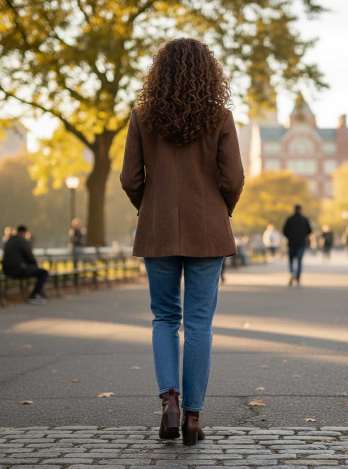 Person walking away on a paved path in a park with trees and buildings in the background