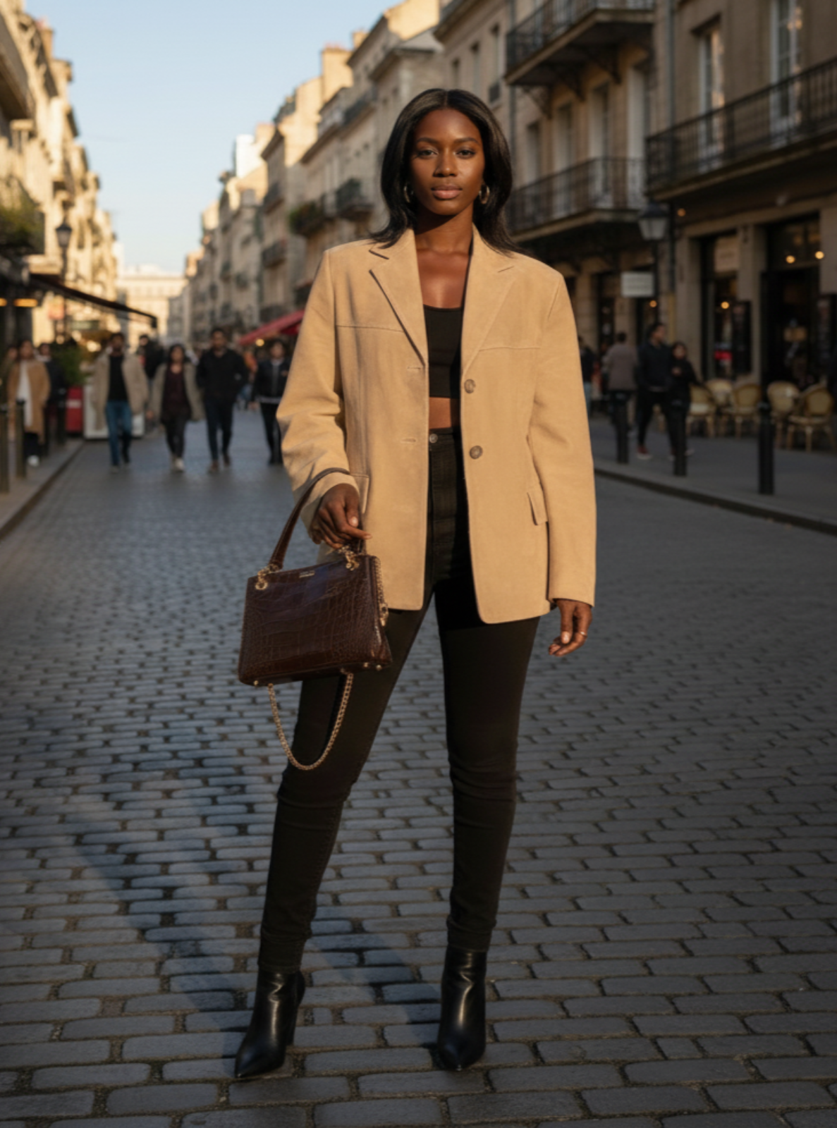 Woman in a beige coat walking down a city street holding a brown handbag.