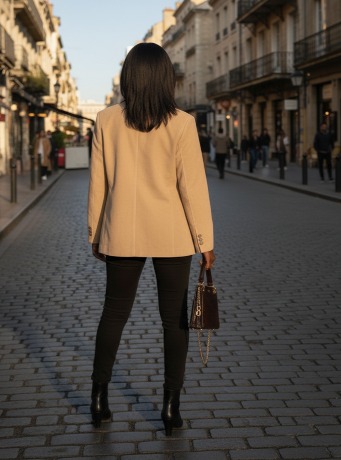 Woman in a beige blazer walking down a city street