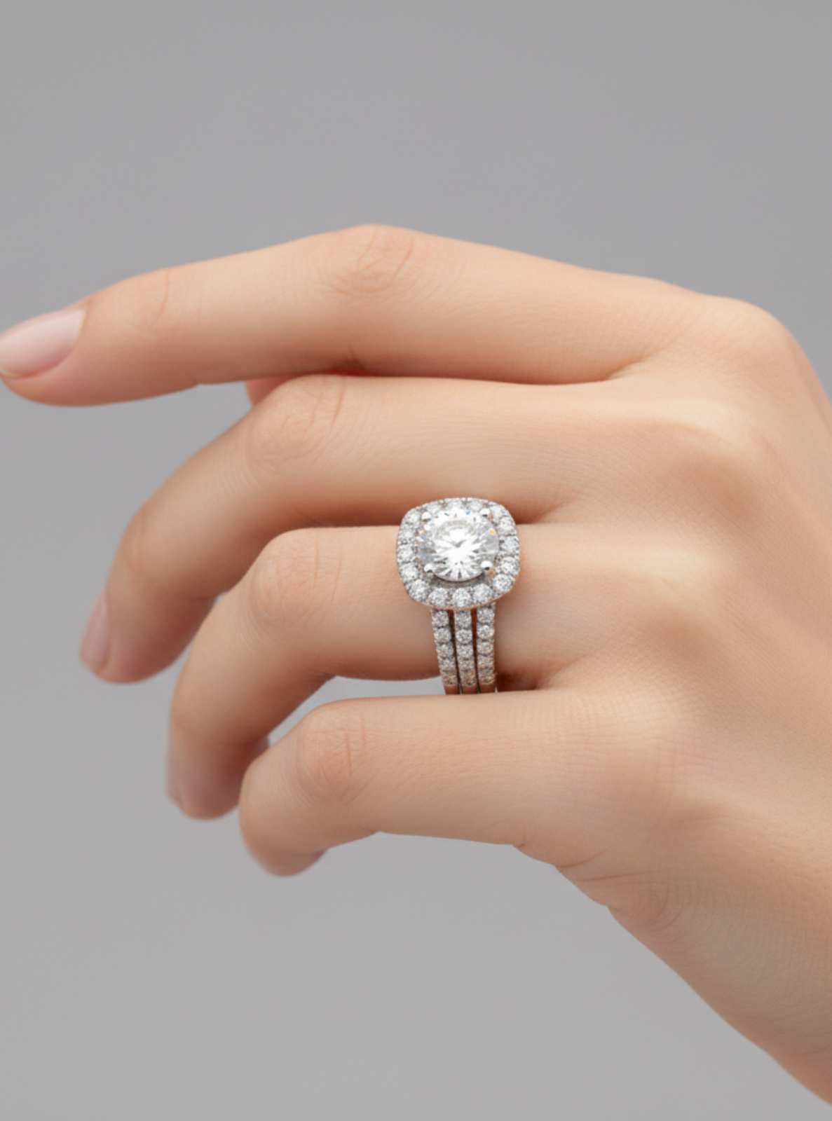 Hand wearing a diamond ring on a gray background