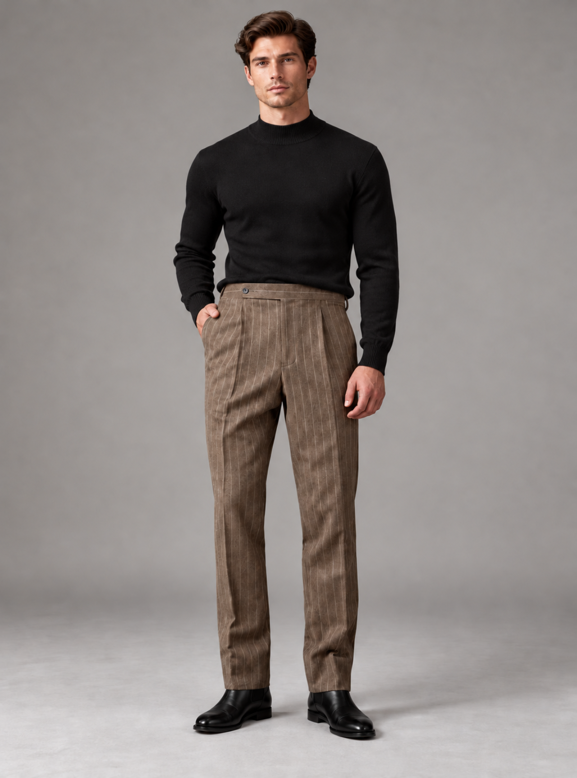 A man modeling a black mock-neck long-sleeve sweater and brown pinstriped trousers, standing against a neutral gray studio background.