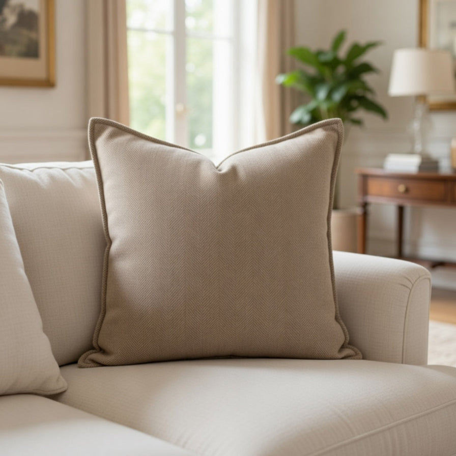 Beige pillow on a beige sofa in a living room setting with a lamp and plant in the background.