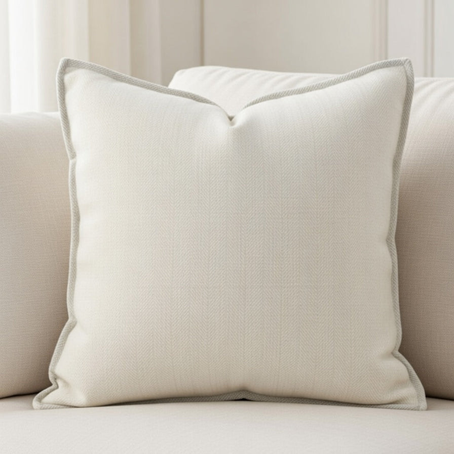 Beige pillow on a beige sofa with a neutral background