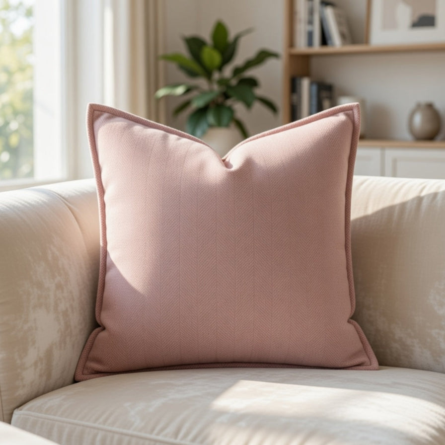 Pink pillow on a beige sofa with a blurred background of a room with a plant and bookshelf.