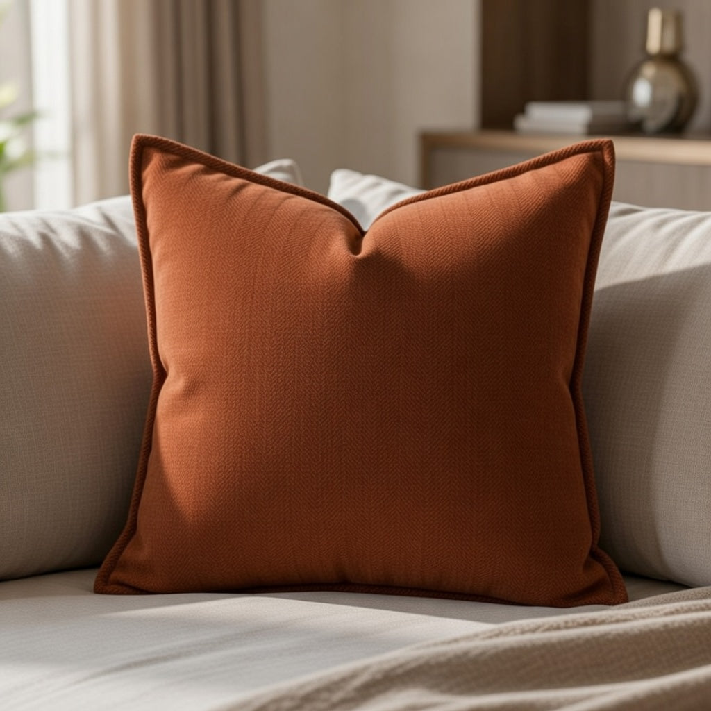Brown pillow on a light-colored sofa in a cozy living room setting.