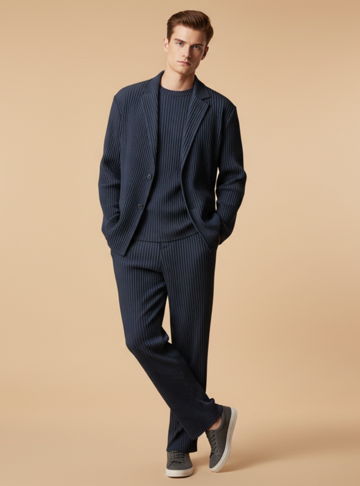 Man wearing a navy suit standing against a beige background