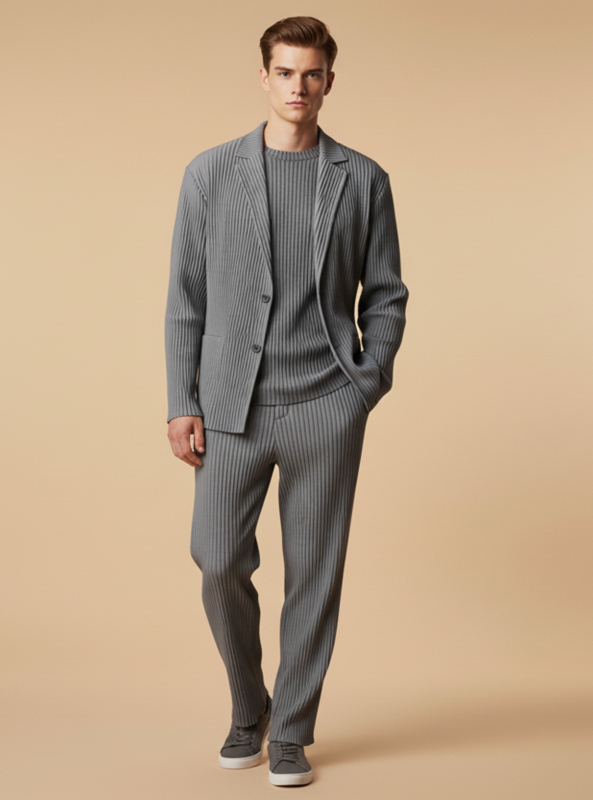 Man wearing a gray suit standing against a beige background