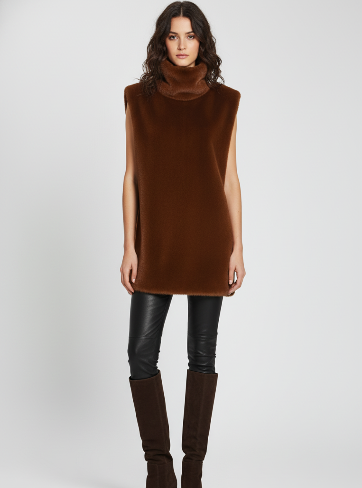 Woman wearing a brown sleeveless sweater and black leather pants on a white background