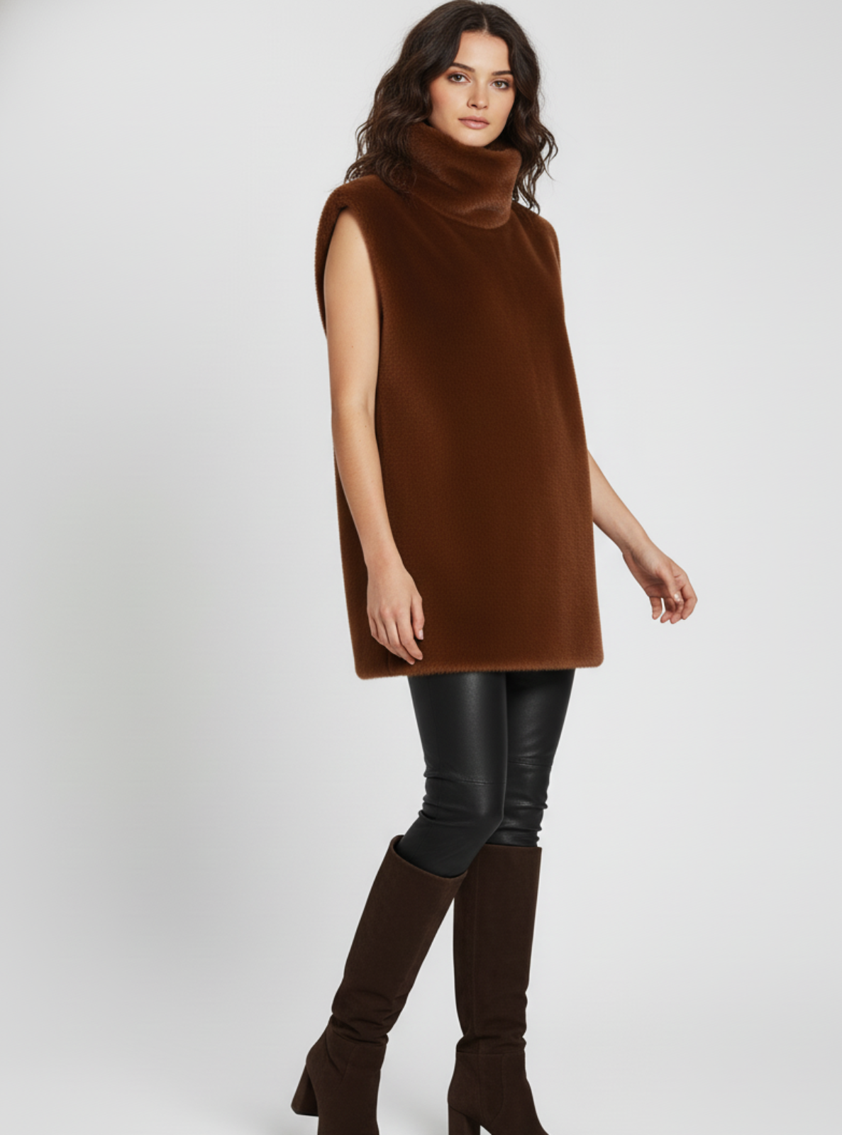 Woman wearing a brown sleeveless turtleneck dress with black leather pants and boots on a white background