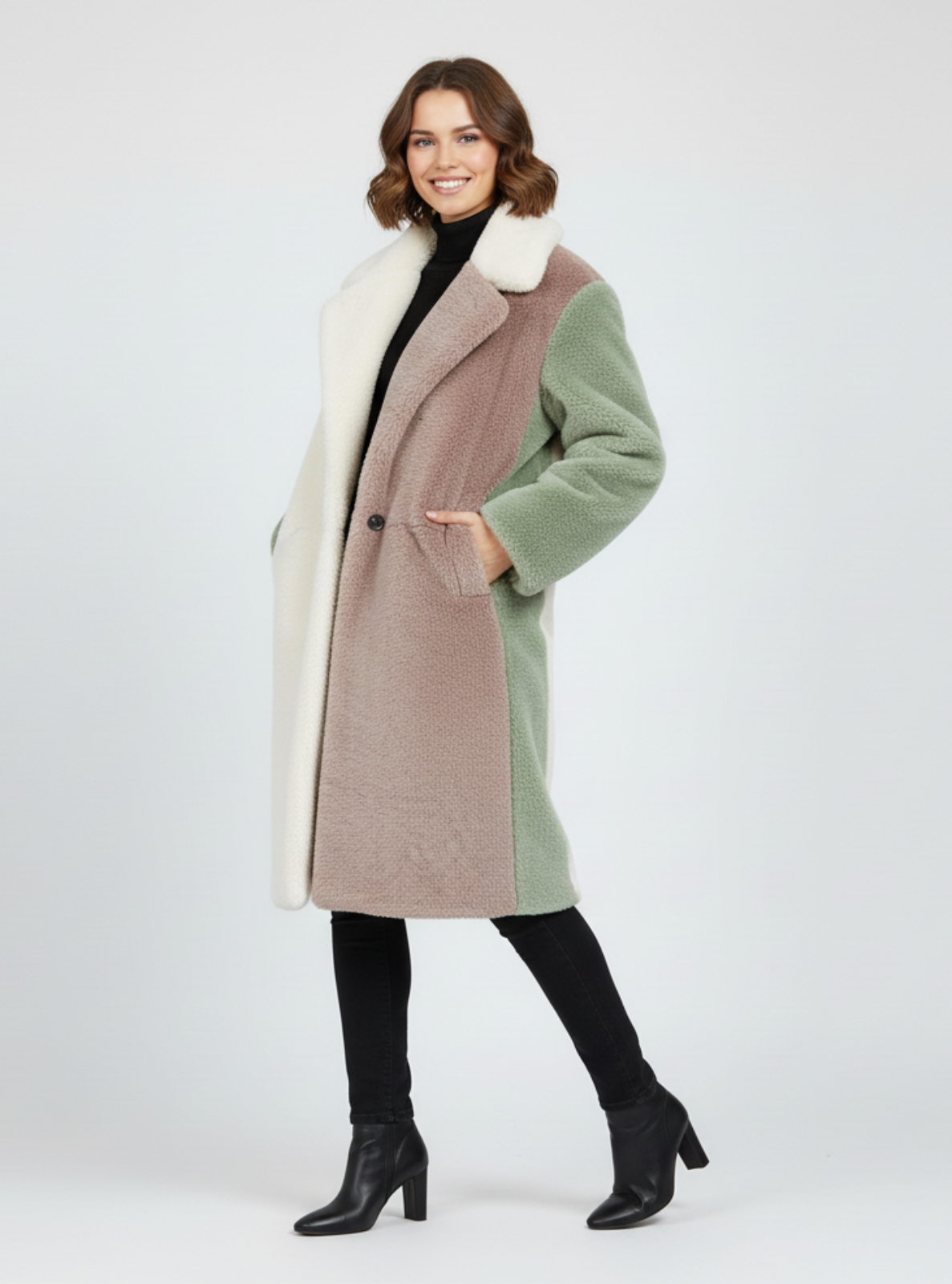 Woman wearing a multicolored coat with a white background