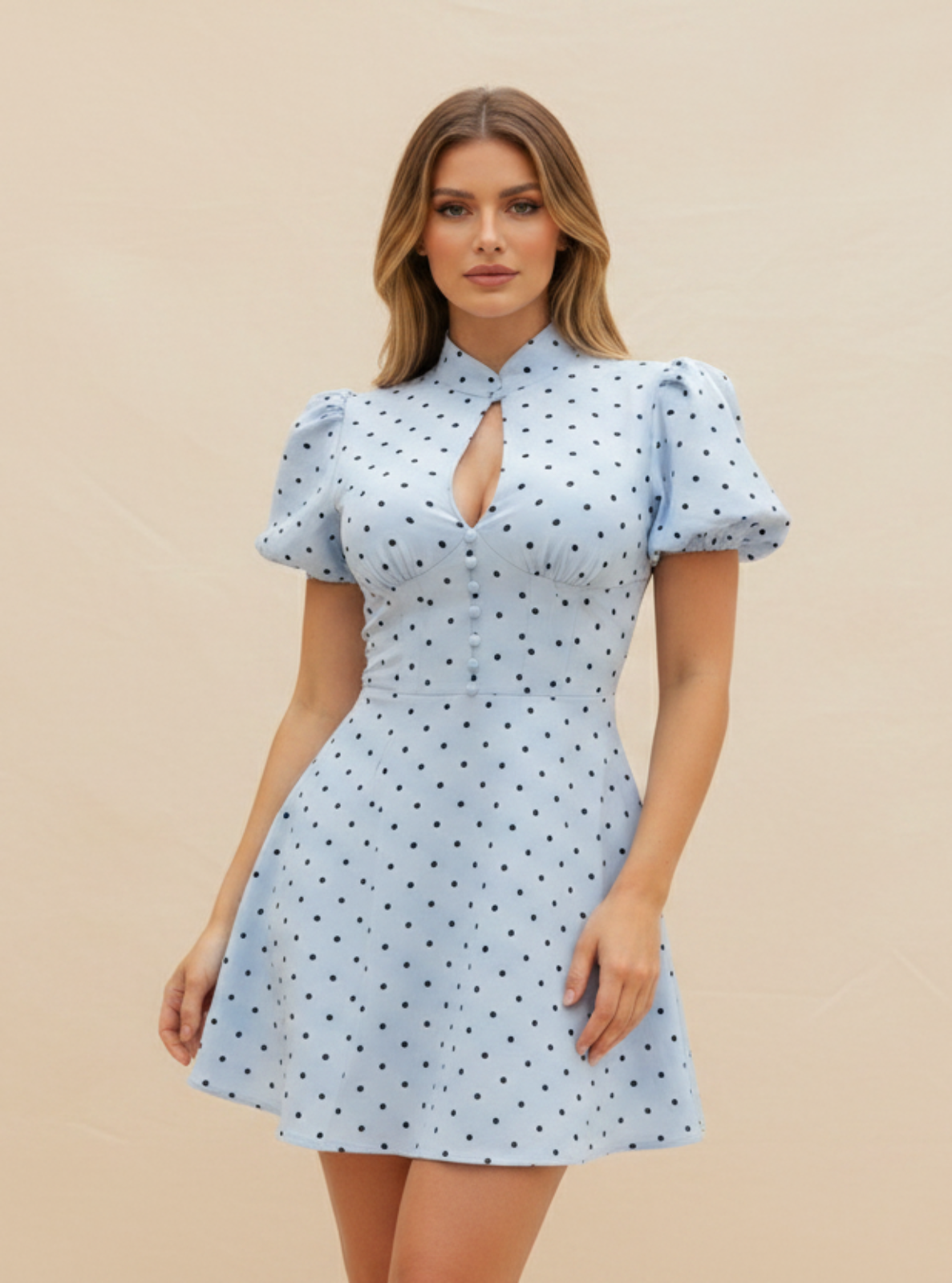 Woman wearing a light blue dress with a subtle pattern on a beige background