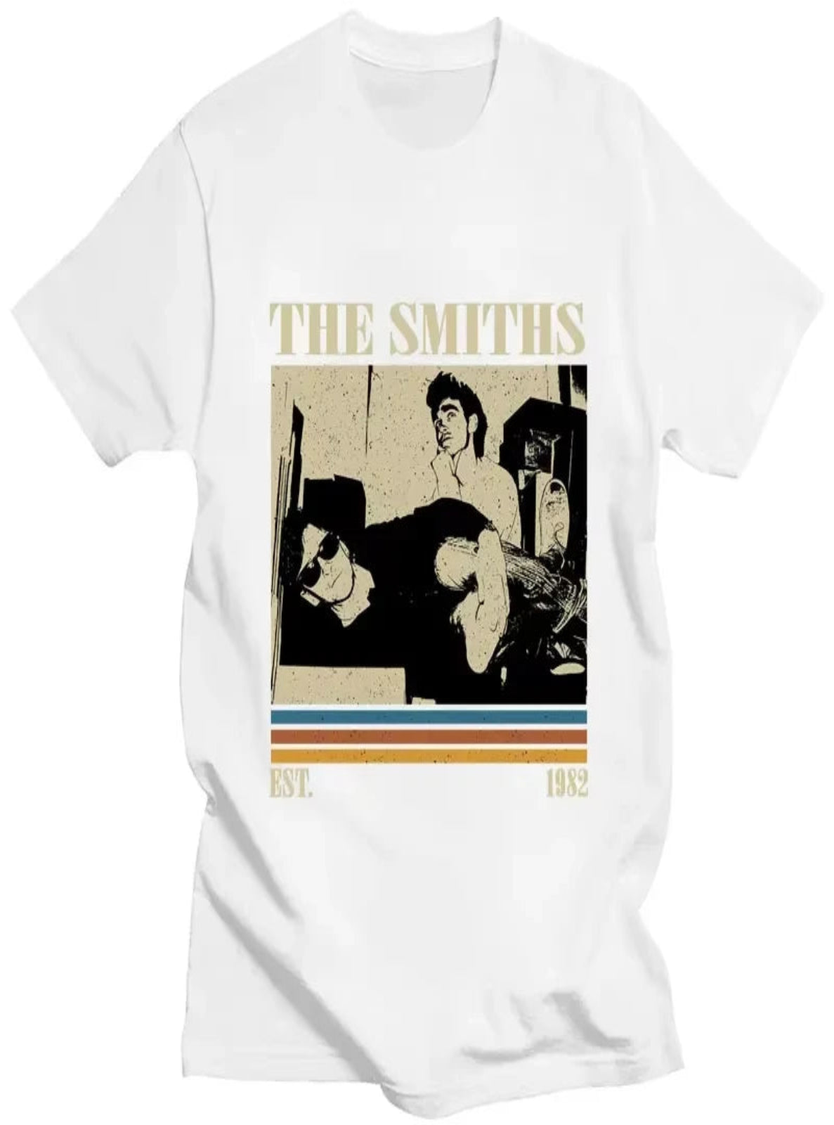 White t-shirt with 'The Smiths' graphic design featuring two band members and text on a white background.