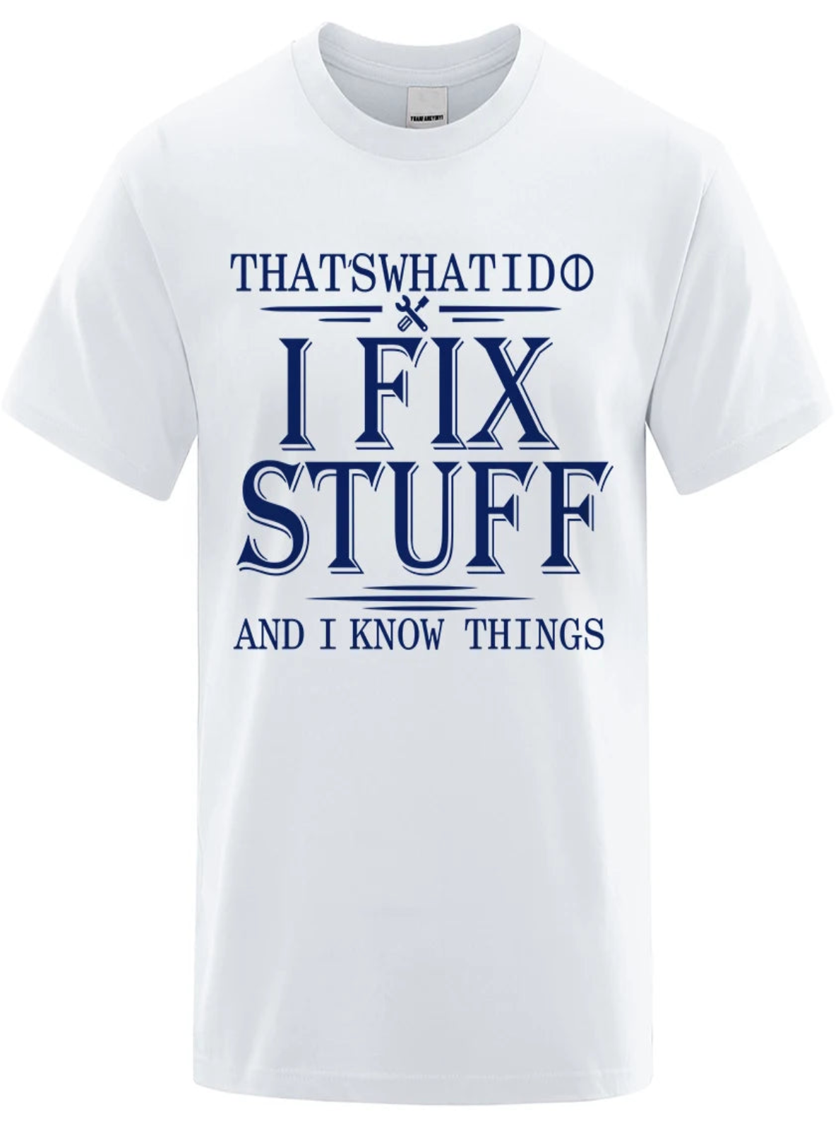 White t-shirt with blue text on a white background