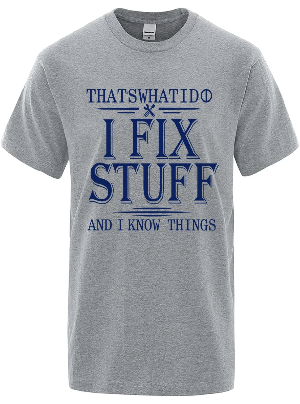 Gray t-shirt with blue text on a white background