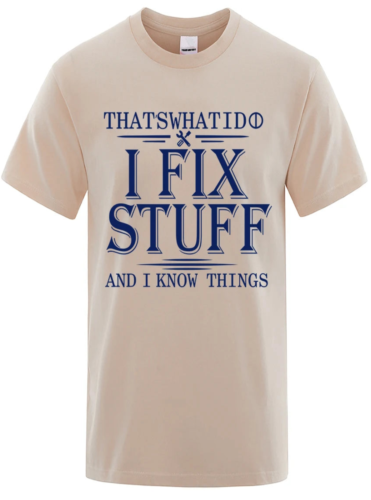 Beige t-shirt with blue text on a white background