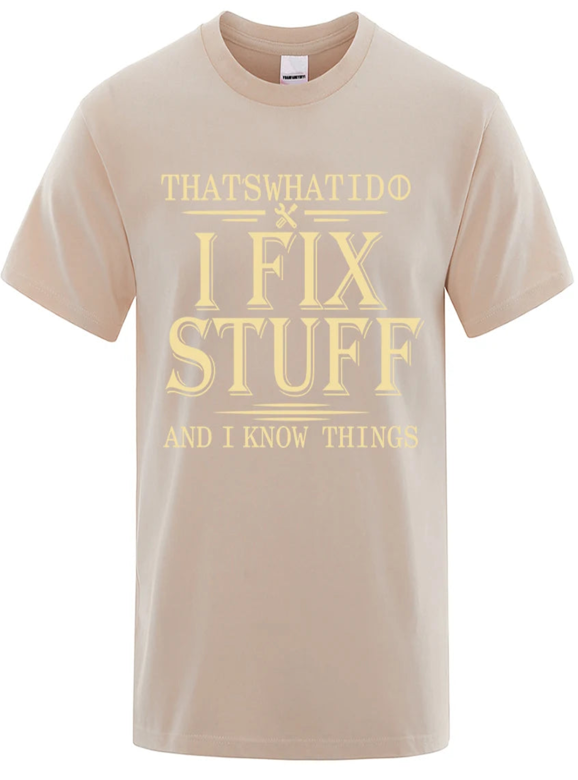 Beige t-shirt with yellow text on a white background