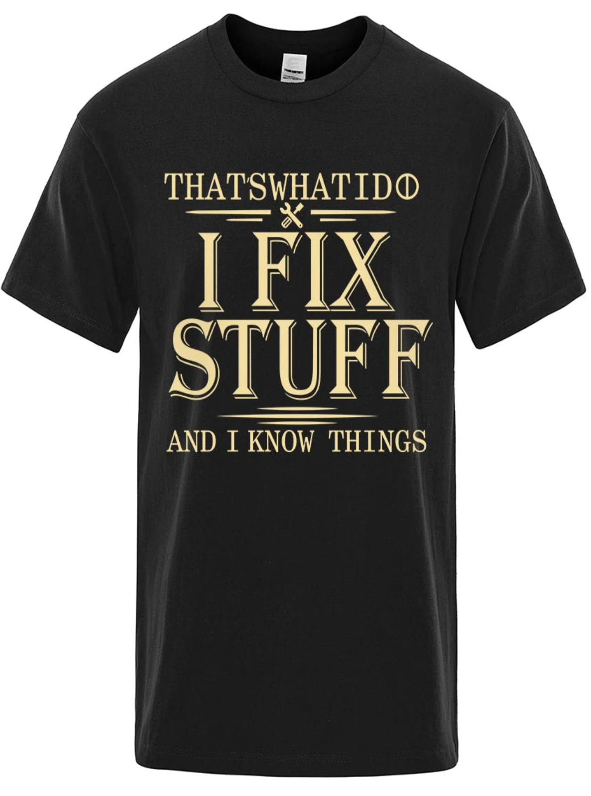 Black t-shirt with gold text on a white background