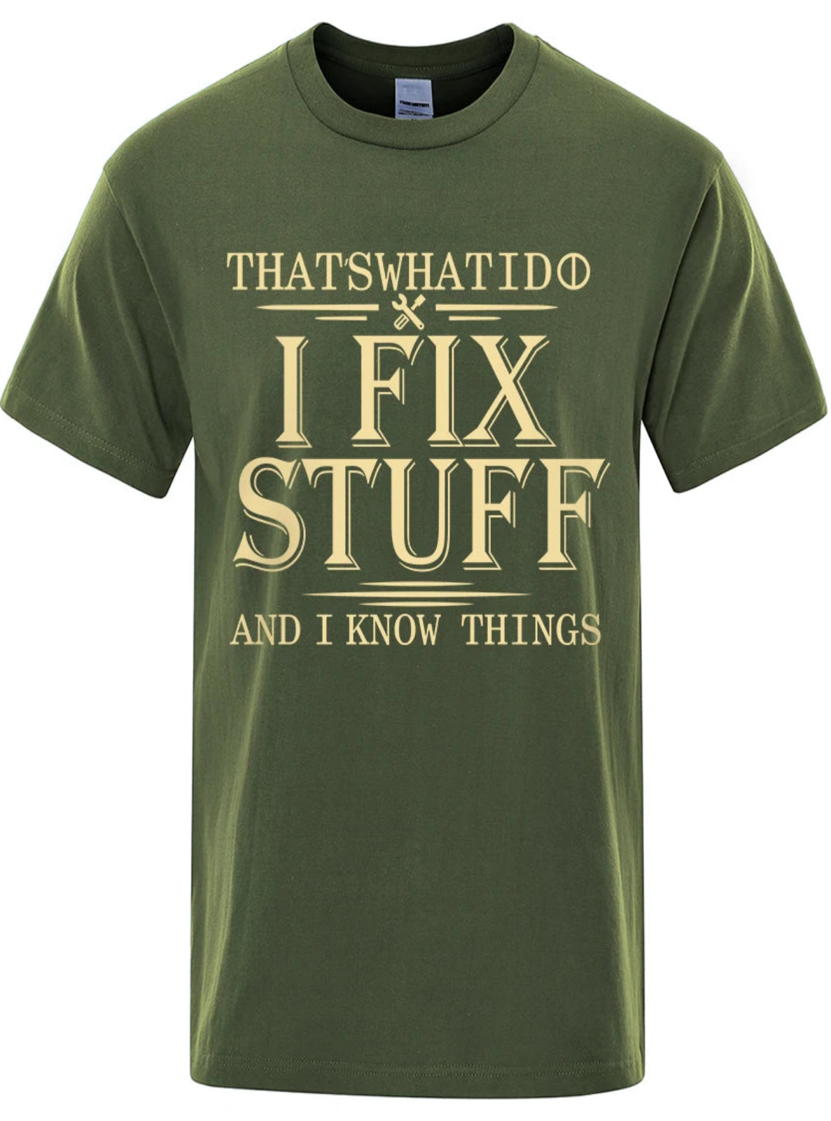 Green t-shirt with gold text on a white background