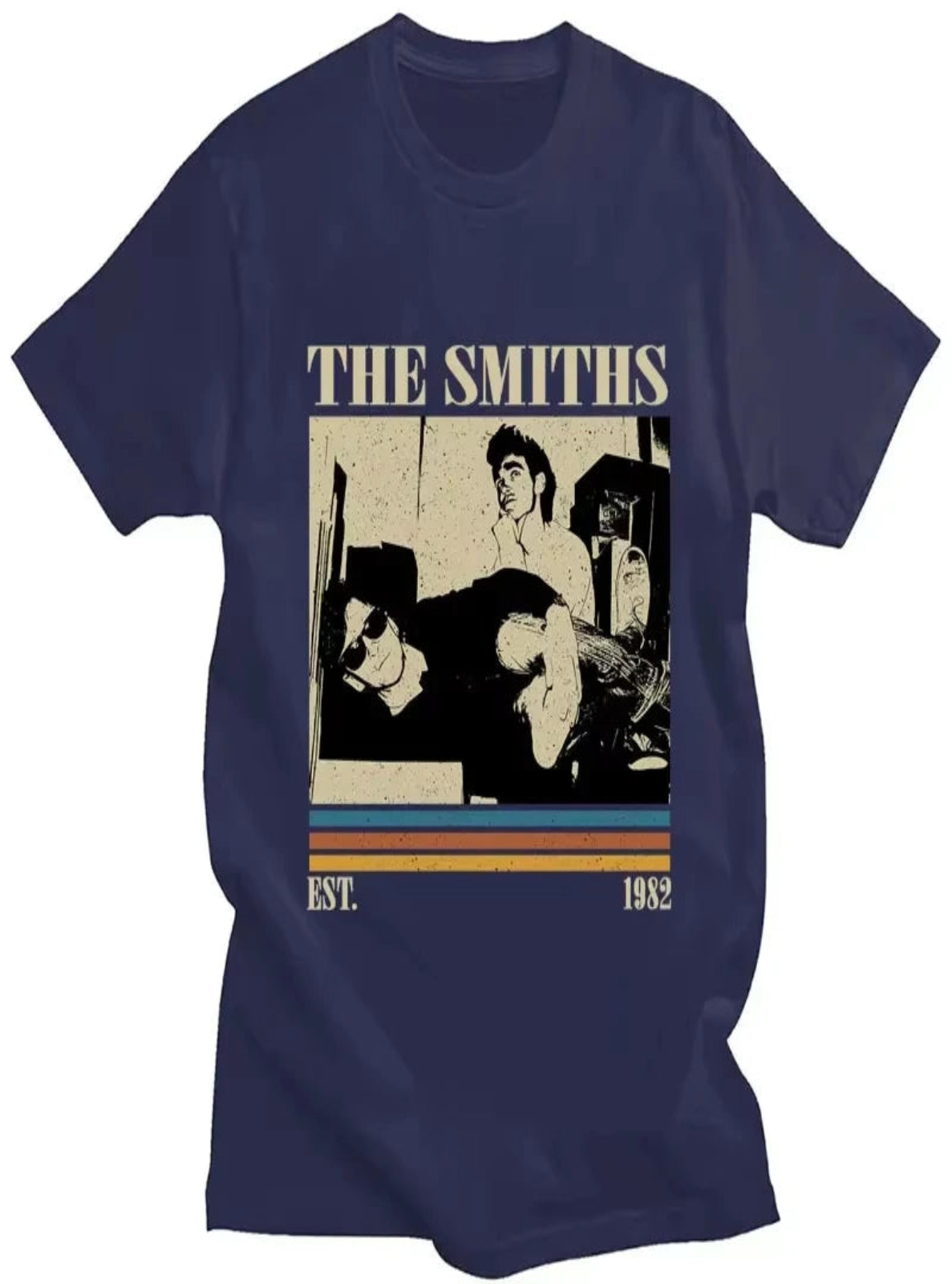 Navy blue t-shirt with 'The Smiths' graphic design on a white background