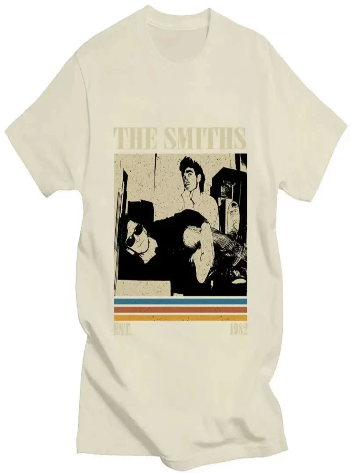 Beige t-shirt with 'The Smiths' graphic design featuring two band members and a record album cover.