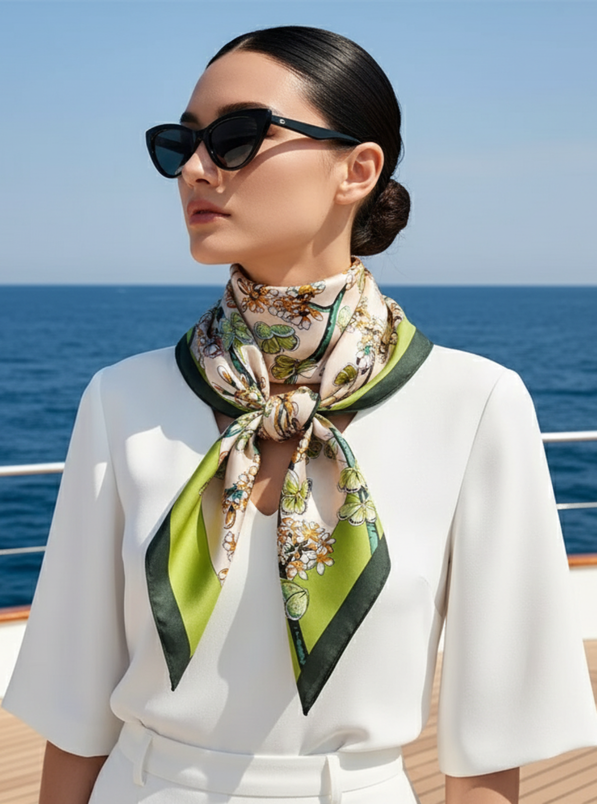 Woman wearing a floral scarf with a scenic ocean background