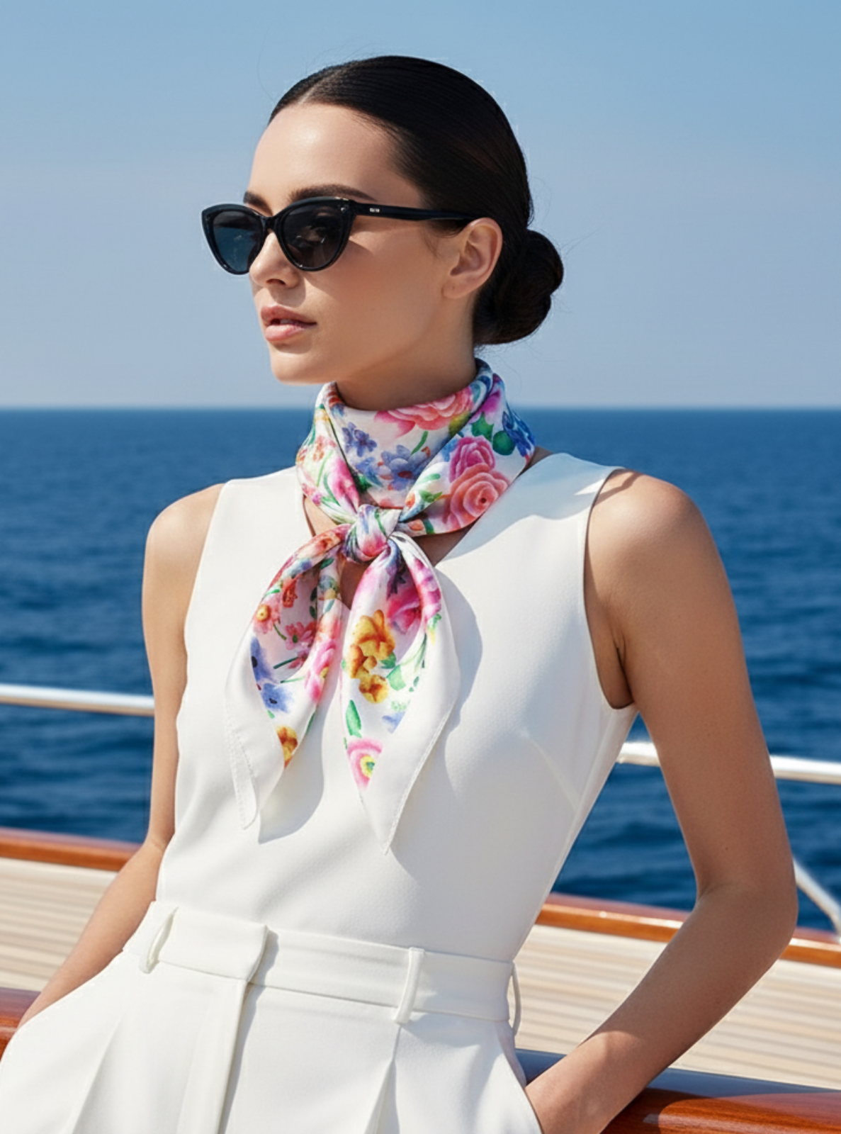 Woman wearing sunglasses and a floral scarf on a boat with ocean in the background