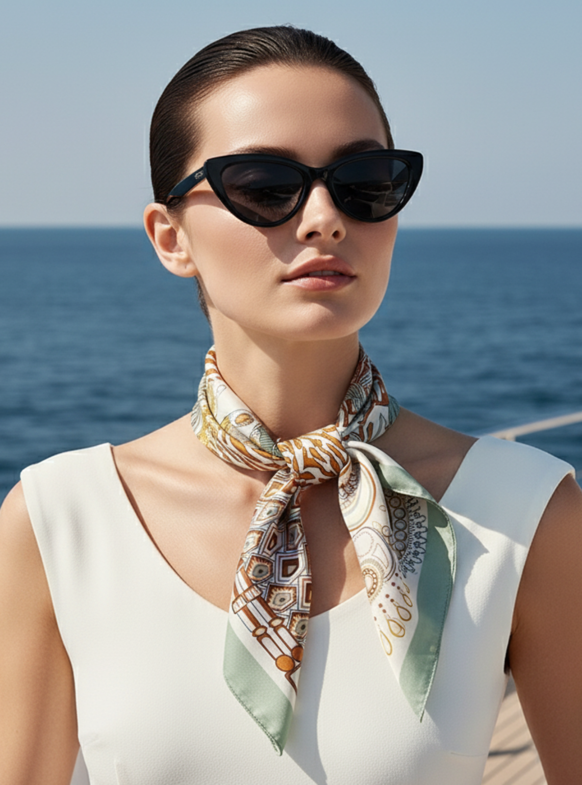 Woman wearing sunglasses and a patterned scarf on a boat with ocean in the background
