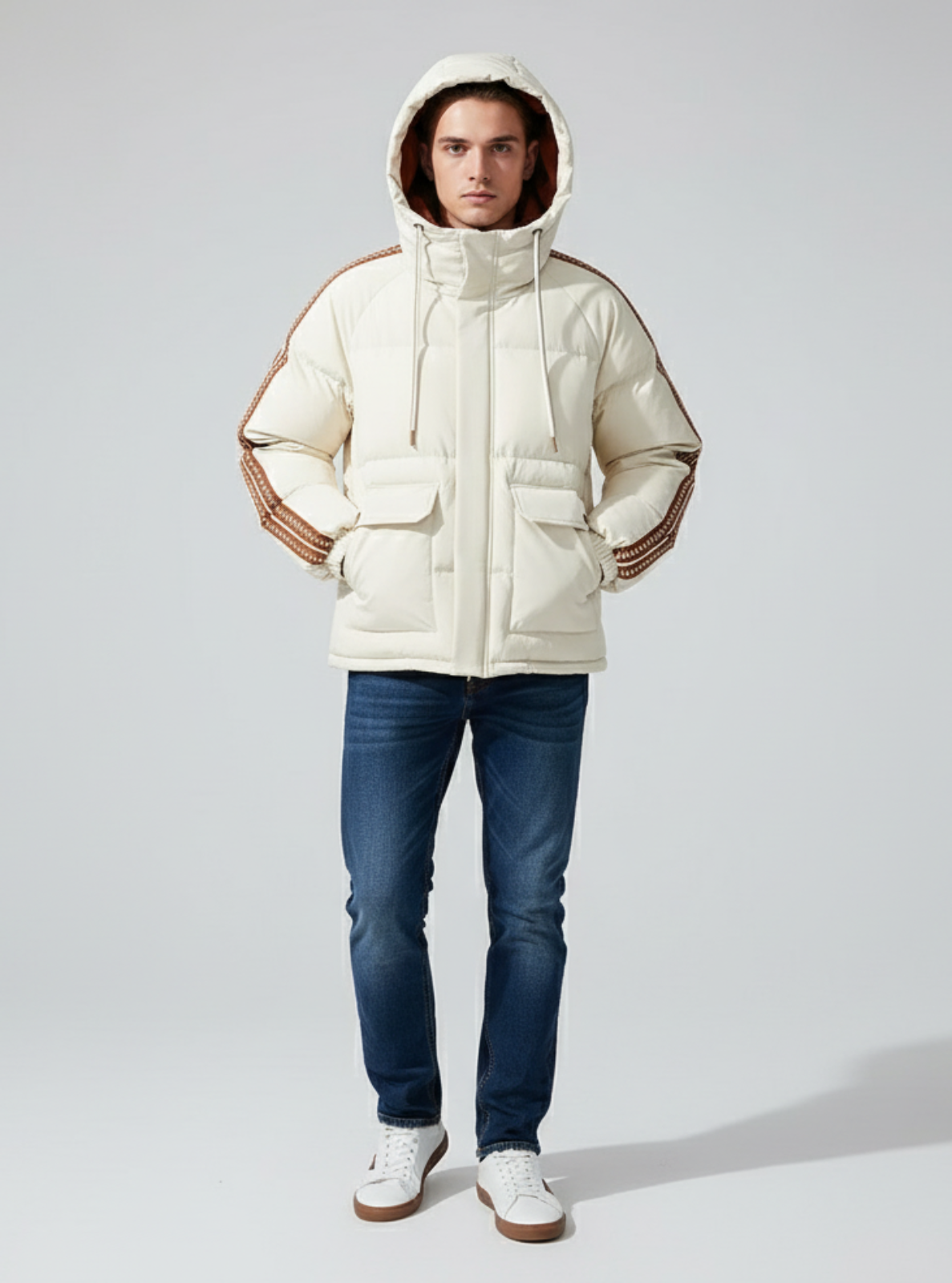 Person wearing a cream puffer jacket with striped sleeves on a gray background