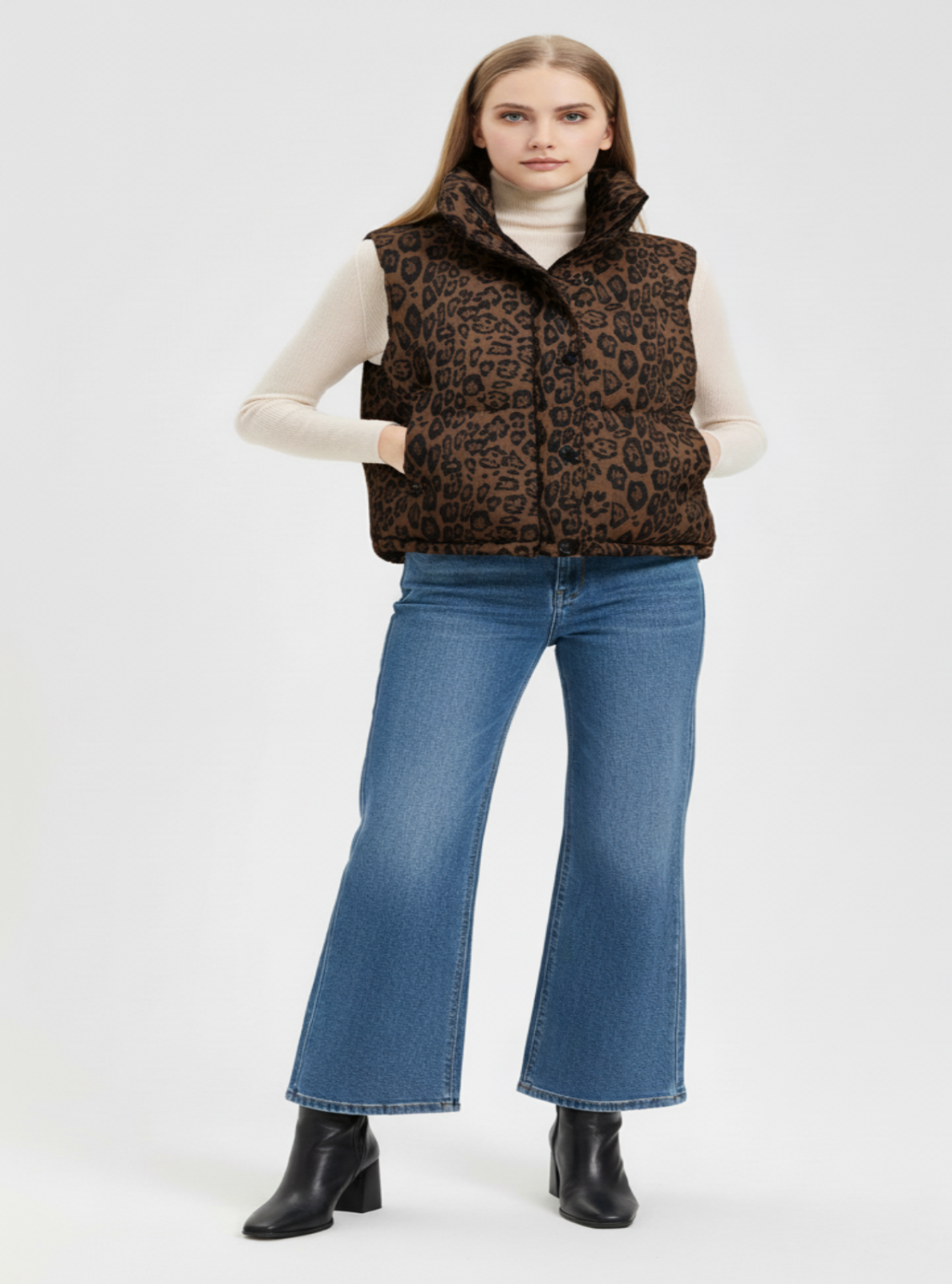 Woman wearing a leopard print puffer vest, white turtleneck, blue jeans, and black boots on a white background