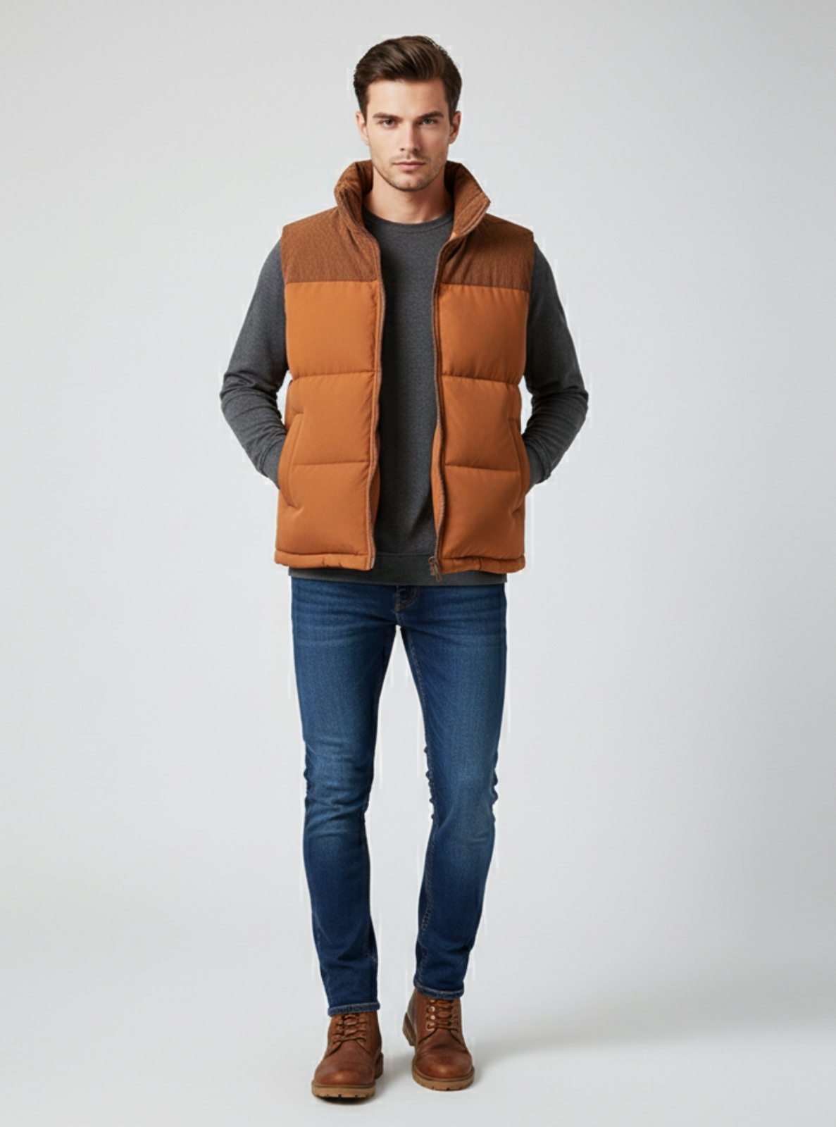 Man wearing a brown puffer vest over a gray shirt with blue jeans on a white background