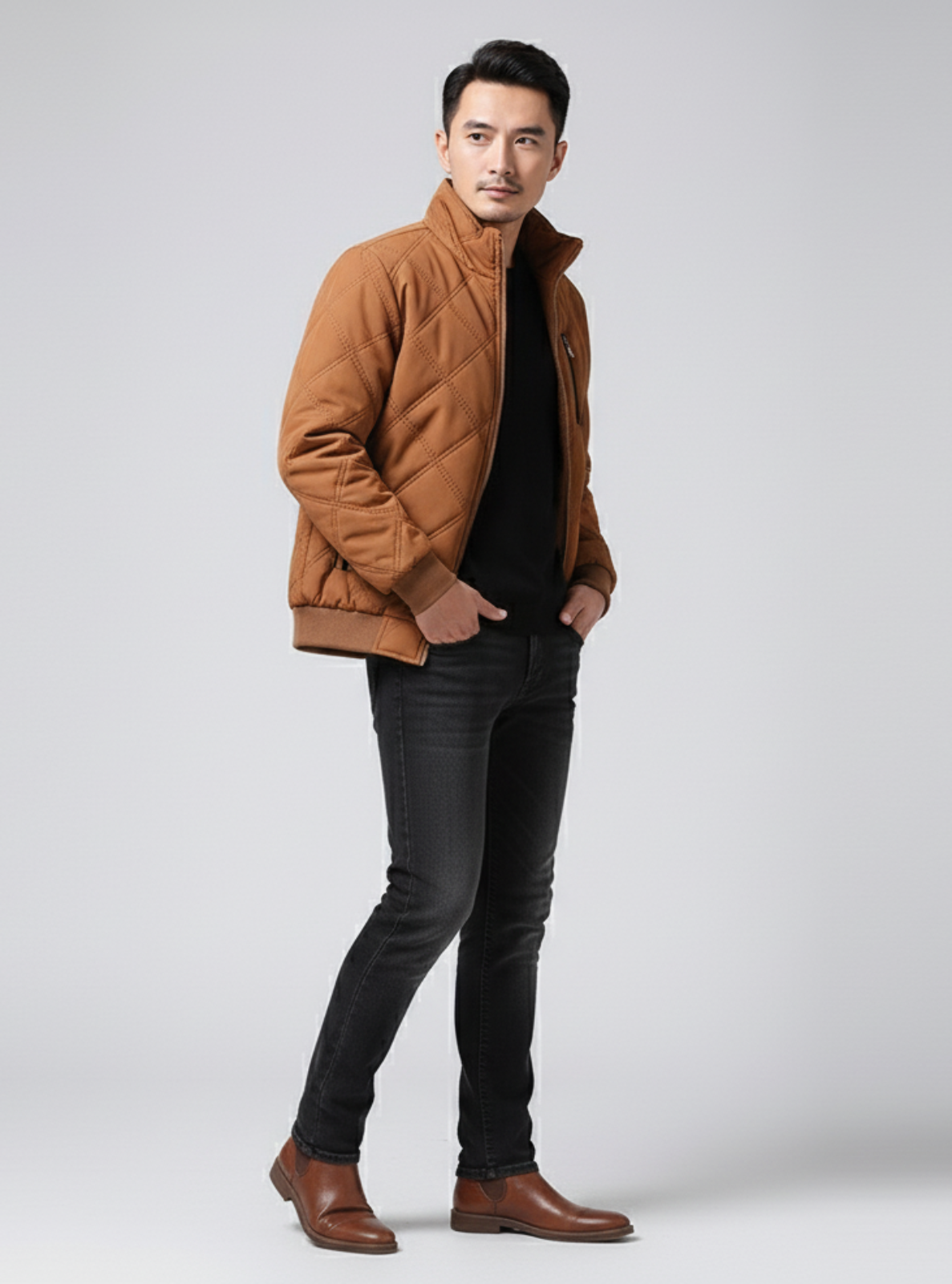 Man wearing a brown jacket and dark jeans on a white background