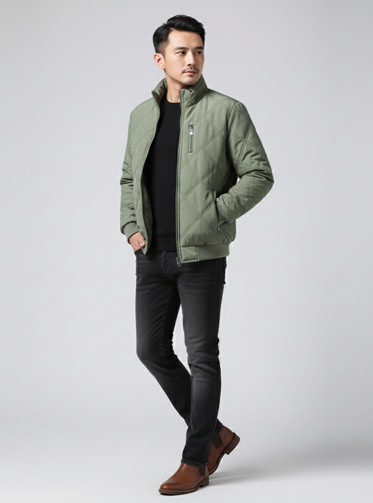 Man wearing a green quilted jacket on a white background