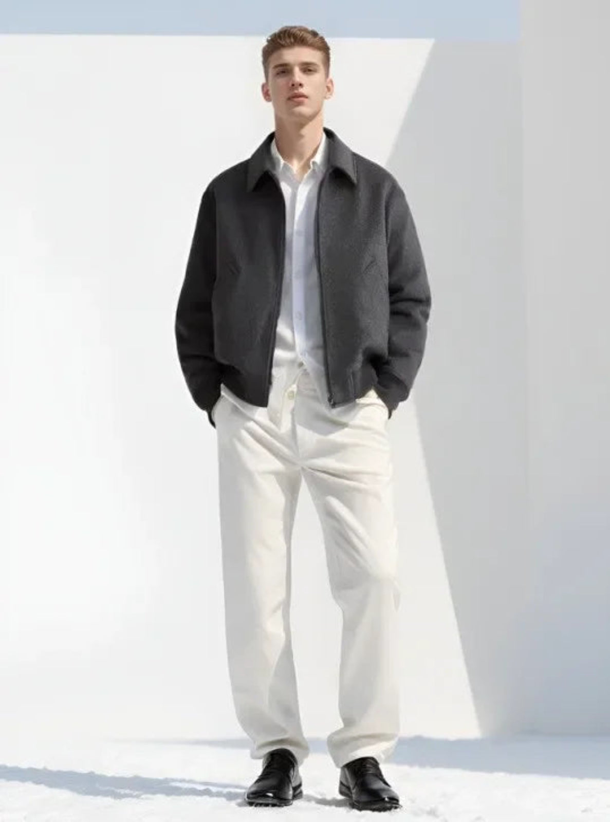 Man wearing a dark gray jacket, white shirt, and white pants against a light background