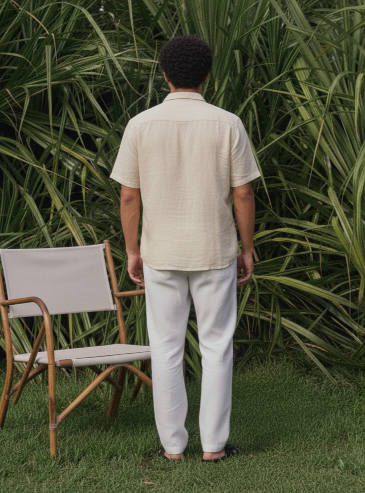 Person standing in a garden with a chair and plants