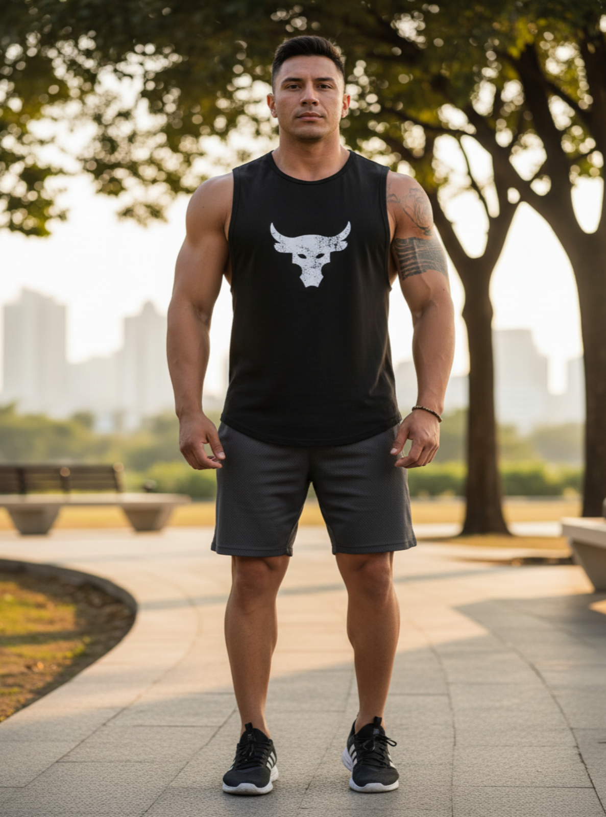 Man wearing a black sleeveless shirt with a logo and shorts, standing outdoors.