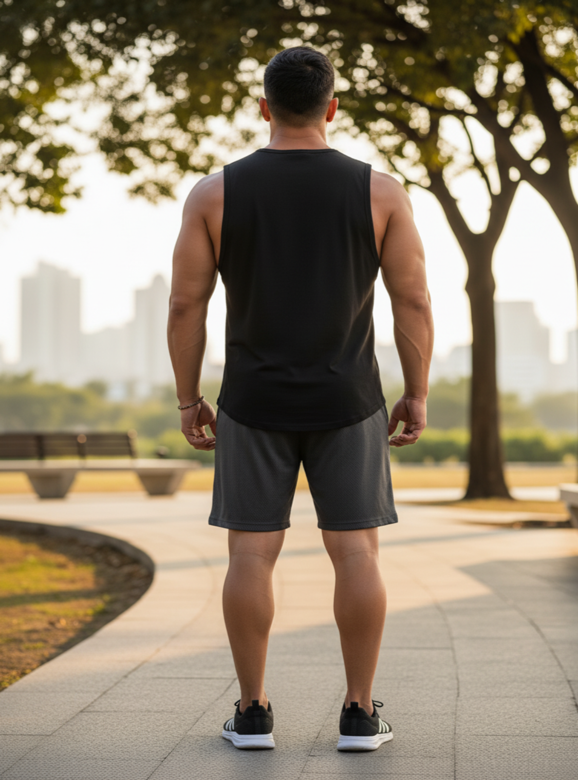 Man in black tank top and shorts standing on a path with trees and buildings in the background