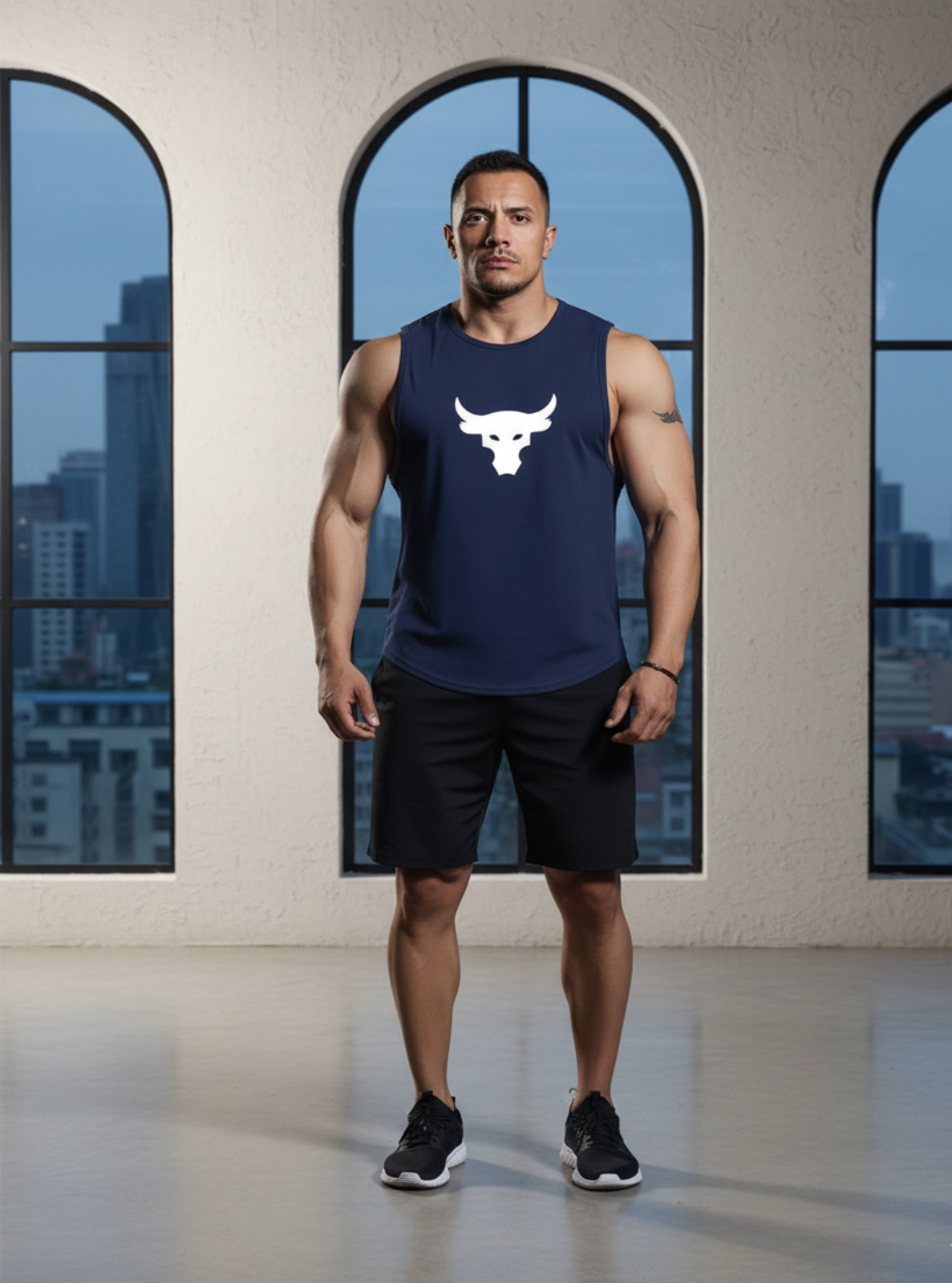 Man in navy blue tank top and shorts standing