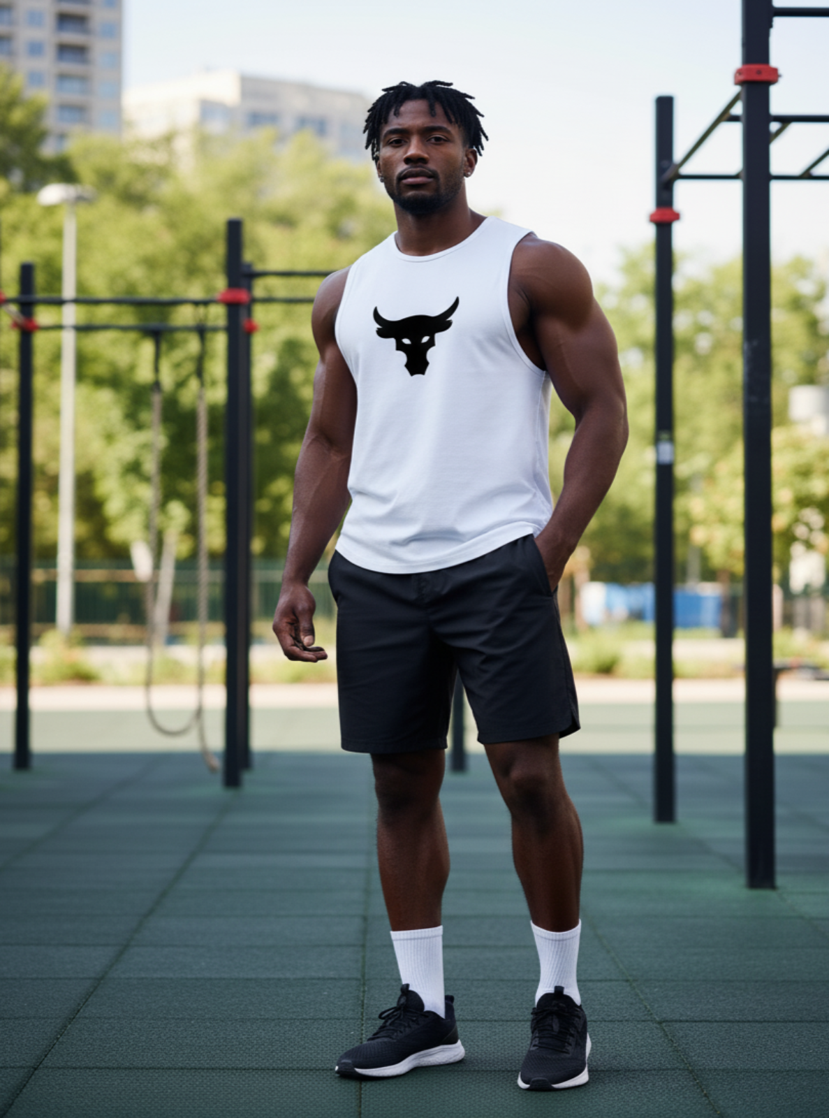 Man wearing a white tank top with a logo and black shorts on an outdoor playground.