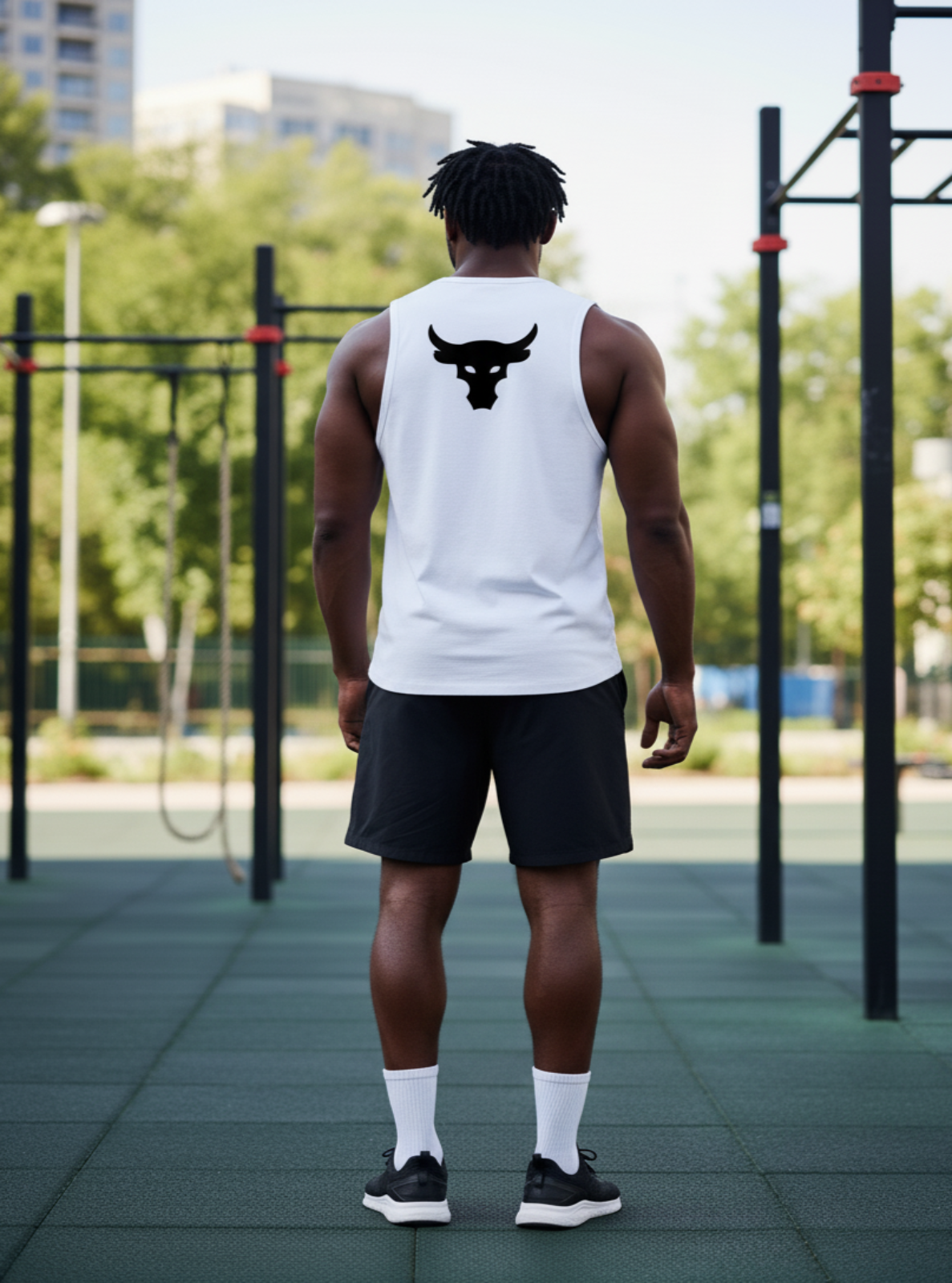 Person wearing a white tank top with a logo on the back, standing on a sports field.