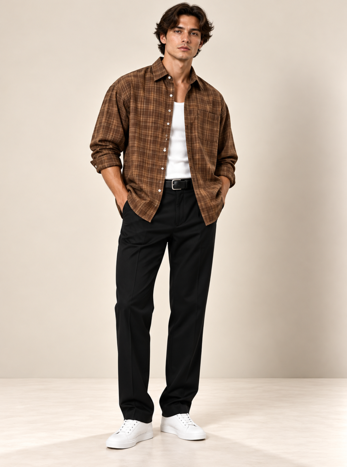 A man modeling a brown and black plaid button-down shirt over a white tank top, paired with black trousers and white sneakers, standing against a neutral beige studio backdrop.