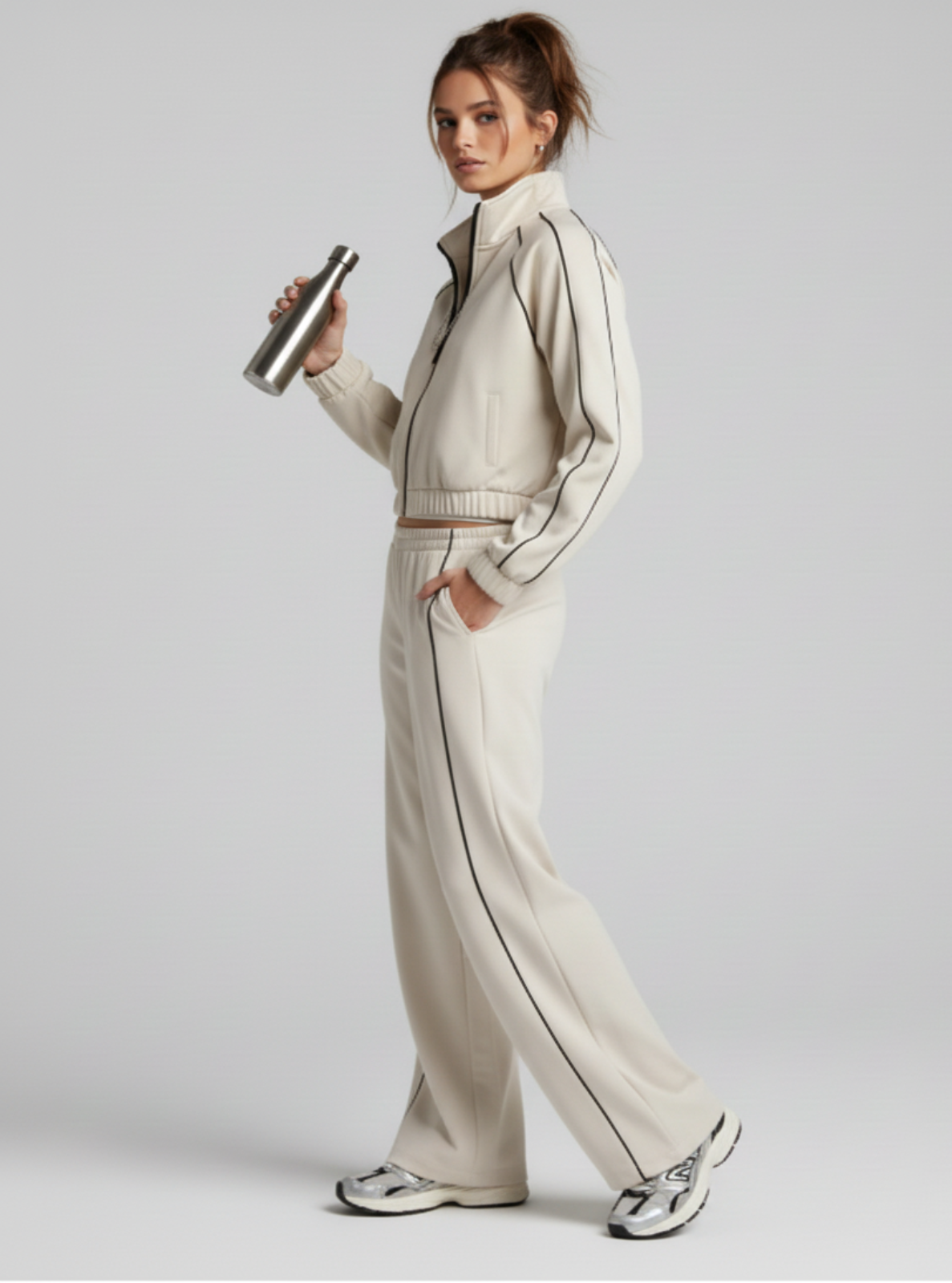 Person wearing a beige tracksuit holding a water bottle on a plain background