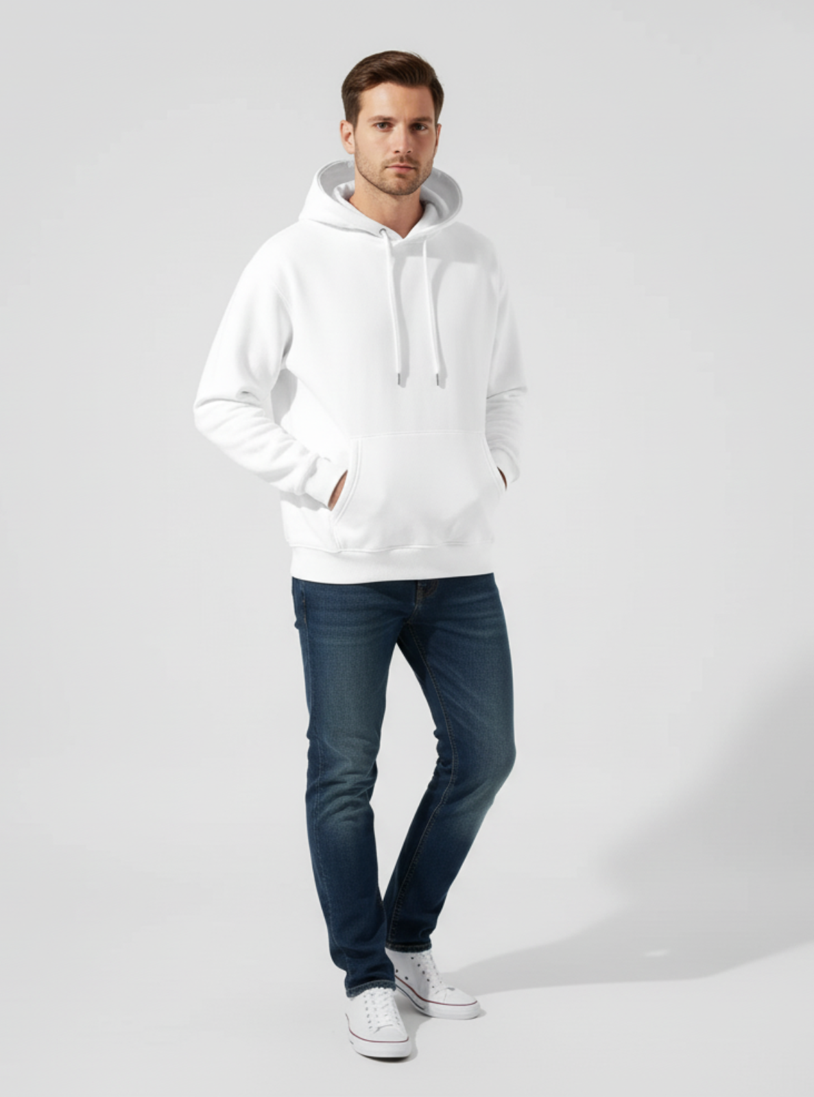 Man wearing a white hoodie and dark jeans on a light gray background