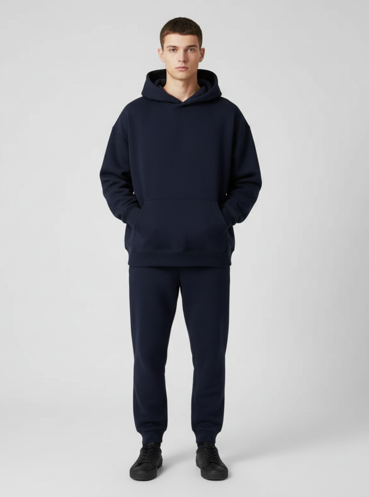 Man wearing a navy blue hoodie and pants on a white background