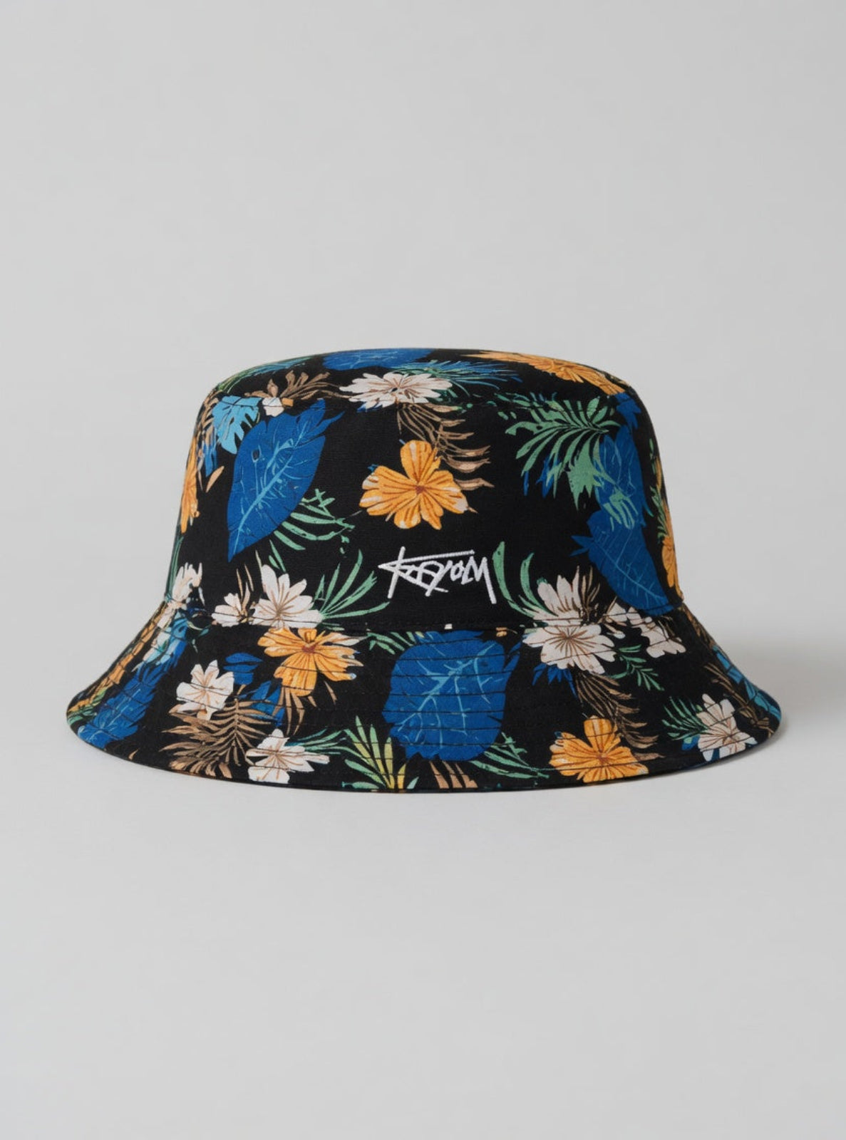Floral-patterned bucket hat on a gray background